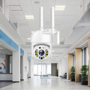 White WiFi security camera with dual antennas and visible lens