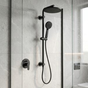 Matte black rainfall shower system with handheld showerhead in a modern bathroom