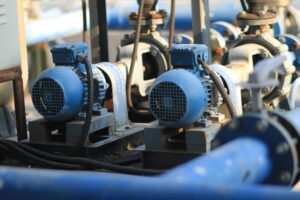 a blue industrial booster pump
