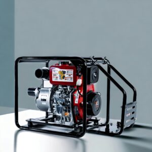 Portable heavy-duty diesel generator with a red diesel engine and protective black metal frame.