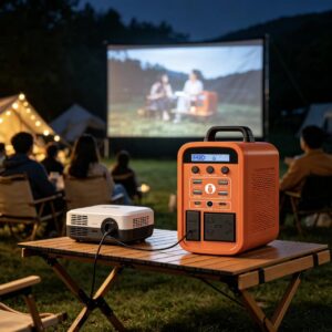 Orange portable power station powering a projector during an outdoor camping movie night.