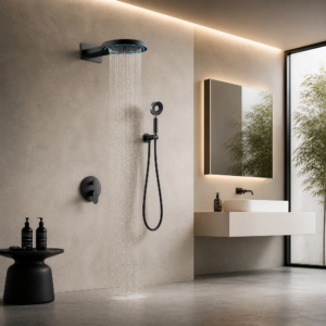 Modern black wall-mounted rainfall shower head with handheld shower in a contemporary bathroom