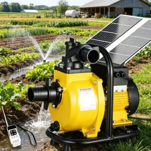 Solar surface water pump connected to solar panels and supplying water for crop irrigation on a farm.
