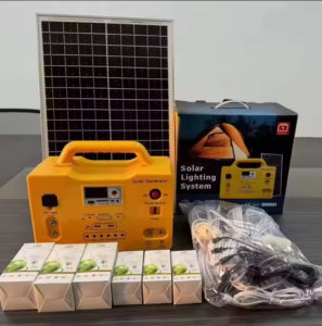 Complete solar lighting system with solar panel, portable solar generator, LED bulbs and cables