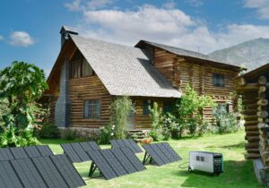 Solar panels with a portable power station installed outside a home for solar energy and backup power