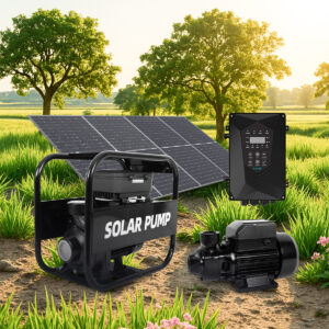 Solar water pump with solar panels and controller installed in a green agricultural field.