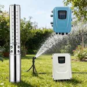 Stainless steel submersible water pump with digital controller units spraying water onto a green garden lawn.