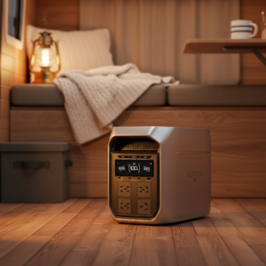 EcoFlow portable power station on a wooden floor in a cozy bedroom, featuring multiple AC outlets and a digital display.