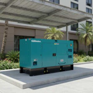 Teal Cummins diesel generator set installed on a concrete platform beneath a canopy outside a modern commercial building.