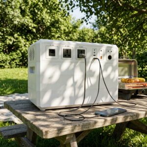 White portable power station with multiple AC outlets and charging ports powering a smartphone on a wooden picnic table in a garden.