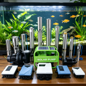 Solar water pumps, including stainless steel submersible pumps, surface pumps and solar pump controllers displayed in front of an aquarium.