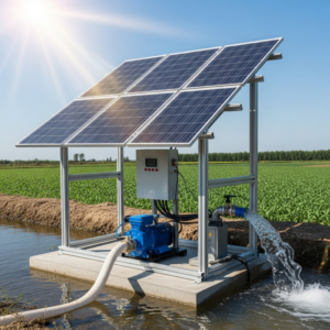 Solar-powered water pump with solar panels supplying irrigation water to a farm in Kenya.
