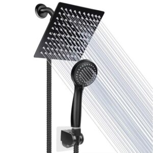 Black square rainfall shower head with handheld shower, flexible hose, and wall-mounted holder in a modern bathroom shower set