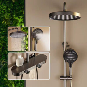 Modern stainless steel rainfall shower system with a large overhead shower head, handheld shower wand, adjustable controls, and integrated storage shelf.