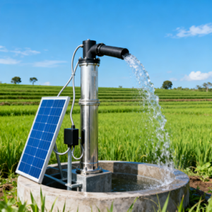 Solar water pump with a photovoltaic panel pumping water into a concrete basin in a green agricultural field.
