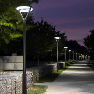 Modern LED solar streetlights illuminating a paved pathway at night, featuring sleek black poles and contemporary circular light fixtures.
