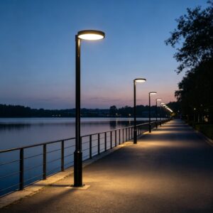 Modern street lights illuminating a lakeside walkway at dusk