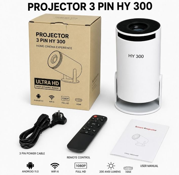 HY300 Smart Mini Projector &ndash; Android 11 Portable Home Theater Projector with WiFi & Bluetooth (MK Homestyles)