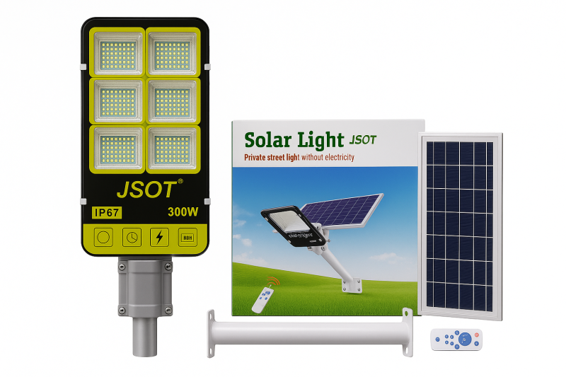 JSOT 300W Solar Street Light Package &ndash; LED Lamp, Solar Panel, Remote & Pole (IP67)