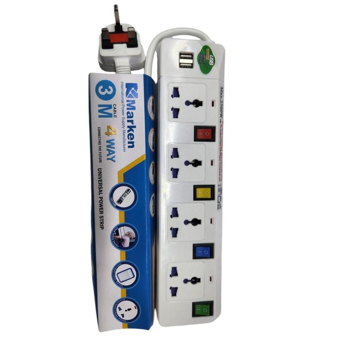 Marken 4 Way Electrical Extension with 2 USB Ports-2M Cable (Universal Power Strip)