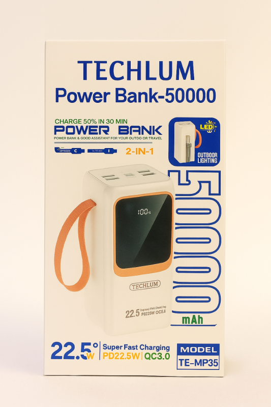 TechLum 5000mAh Portable Power Bank &mdash; 22.5W PD + QC 3.0 Fast Charging, Type-C & USB Output, Dual USB Output, LED Indicator, High-Capacity Power Bank in Nairobi